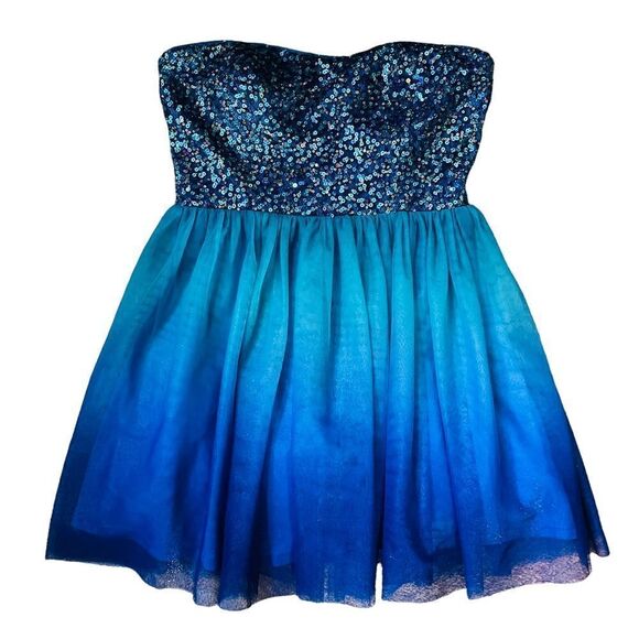 𝅺ADRIANNA Papell Hailey Logan Blue Ombre Sequin Prom Graduation Semi Dress - Picture 5 of 16
